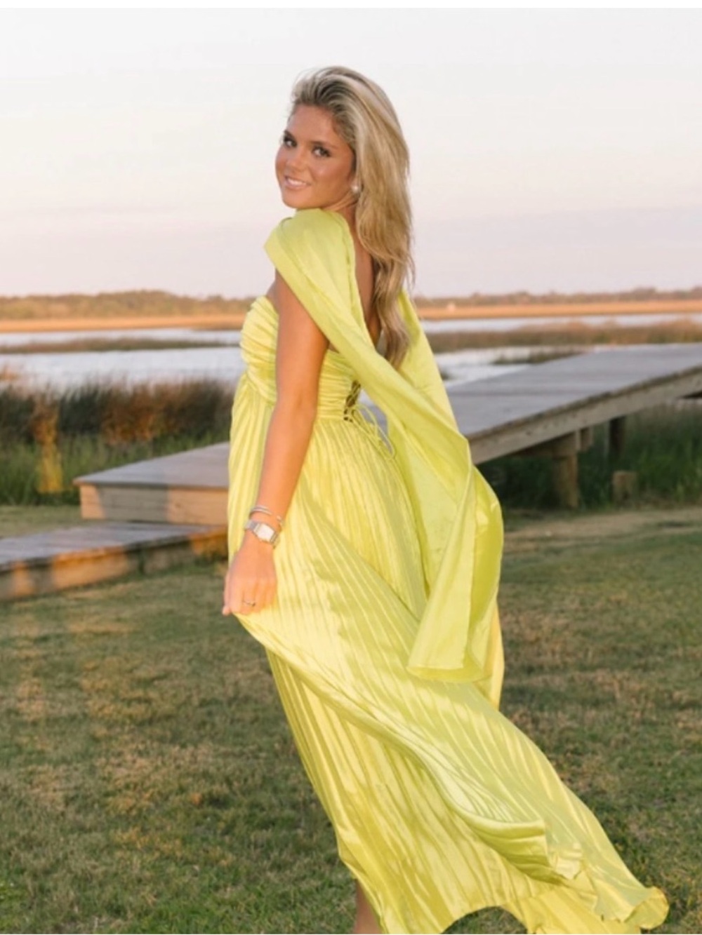 Fancy greenish-yellow strapless maxi dress